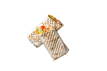 Shawarma durum doner kebab with meat and vegetable salad.  Isolated, transparent background