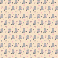 Vector pattern of cats, on a light background, seamless, print for textiles, wrappers, paper, packaging, web design, social networks, in bright colors, attracts attention, holiday, valentine's day, 