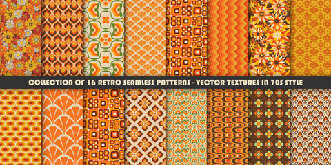 Big set of 16 colorful retro patterns. Vector trendy backgrounds in 70s style. Abstract modern geometric and floral ornaments, vintage textures
