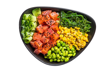 Salmon Poke bowl with Cucumber, Edamame, and Rice.  Isolated, transparent background