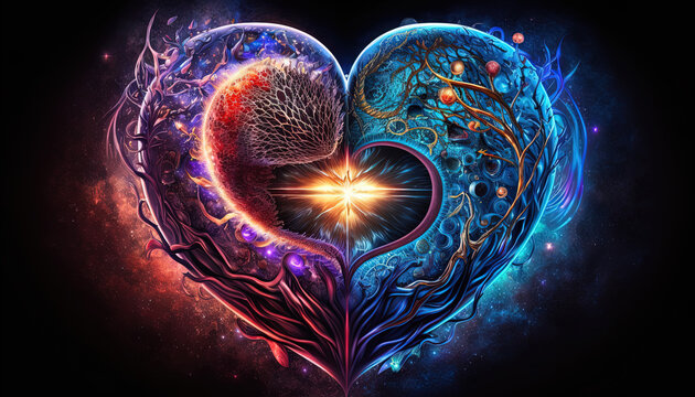 Soul home is our heart , concept, esoteric heart connects soul, emotions and body, deep mystical feelings, universe, spiritual love. Generative AI.
