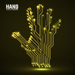 Abstract neon hand of circuit board, glowing technology concept. Vector illustration