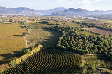 Landscape of Franciacorta aerial view in Brescia province, Lombardy district in Italy, Europe.