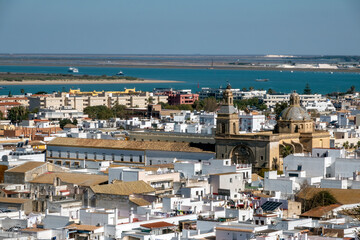 Air view of Sanlucar de Barrameda, where we can see some of its streets, houses and traditional buildings. Tourist village of the province of Cadiz. Autonomous Community of Andalucia. Spain.