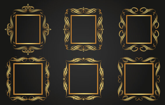 Luxury decorative golden photo frames. Retro ornamental frame, vintage rectangle ornaments & ornate border. Decorative wedding frames, antique museum image borders. Isolated vector icons set