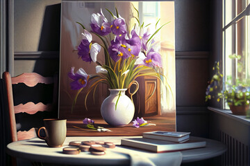 A vase with beautiful flowers stands near the window in the rays of sunlight. AI generated