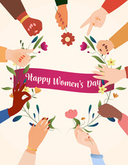 International Women's Day greeting card, poster, graphic vector. Multiracial female hands and flower vector. Women, girl power.