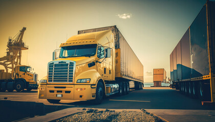 A massive cargo truck is seen on a highway, hauling goods from a busy harbor. The truck's flatbed is loaded with shipping containers, and the driver sits behind the wheel