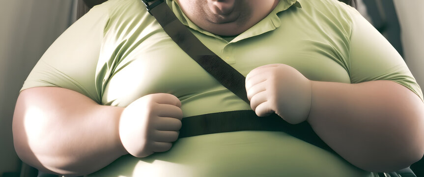 Problem of Fat obese Man passenger fastening Seat belt on airplane. Generation AI