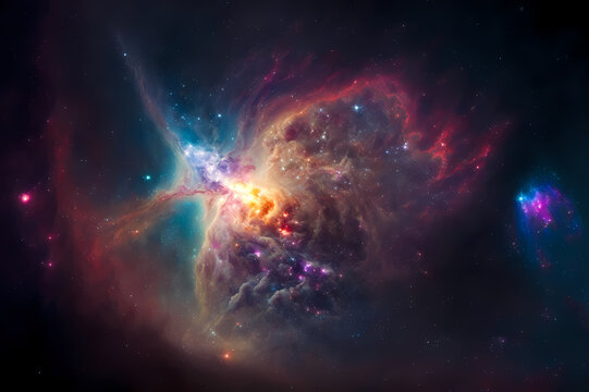 Supernova explosion, distant universe and colorful galaxy background. AI generation