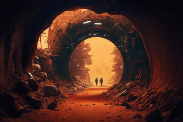 Science fiction space desert tunnel. Generative Ai 
