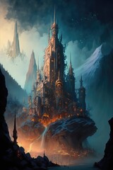 Fantasy book cover. Children`s book cover. A fantastical city, with twisting towers and glowing pathways, built into the side of a mountain. Generative ai.