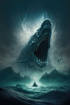 Fantasy Book Cover. Children`s Book Cover. A Giant Monster Emerging From The Depths Of A Dark Ocean. Generative Ai.