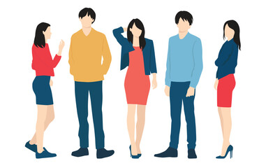 Obraz premium Set of young men and women, different colors, cartoon character, group of silhouettes of standing business people, students, the design concept of flat icon, isolated on white background