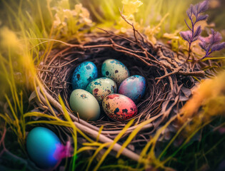 Fototapeta na wymiar Happy Easter background concept with easter eggs in nest and spring flowers created with Generative AI technology