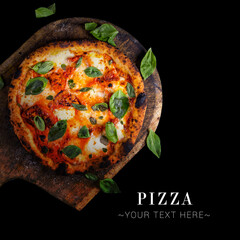 Top view of classic Italian uncut Margherita pizza with tomatoes, mozzarella cheese and fresh basil...