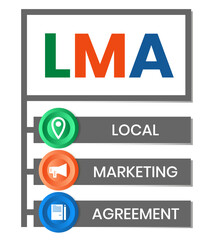LMA - Local Marketing Agreement acronym, business concept. word lettering typography design illustration with line icons and ornaments. Internet web site promotion concept vector layout