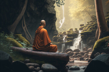 Buddhist monk meditating near a waterfall - obrazy, fototapety, plakaty