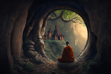 Buddhist monk meditating inside a cave - obrazy, fototapety, plakaty