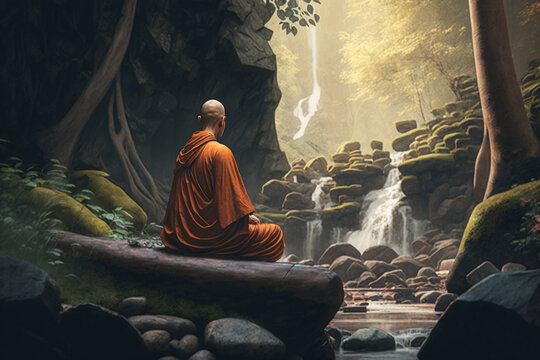 Buddhist monk meditating near a waterfall