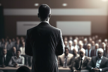 Fototapeta premium Backview of speaker at business conference talking about success and planning - generative ai