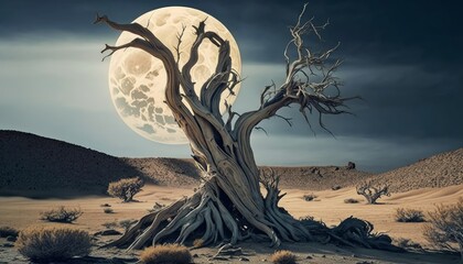 Dry tree in the desert with full moon. Generative AI