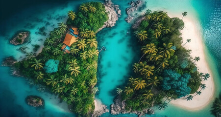 Fototapeta na wymiar Tropical island with palm trees and blue lagoon aerial view. Generative AI