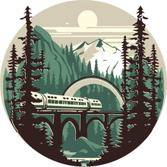 Vector illustration of a Black silhouette of locomotive, a train  on an large old arched bridge on a railway in a mountain landscape in shape of circle logo