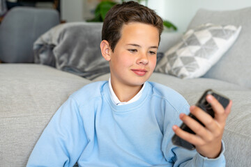 Internet and social networks for teenagers, boy concentrated on phone, seats on sofa in living room