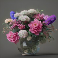 Fantastic flowers, colorful bouquet in a glass vase on a gray background ai Generated, generative AI, CGI graphics