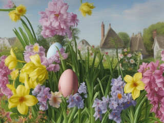 A cluster of vibrant Easter eggs sits on a lush green lawn in bright daylight, their smooth shells gleaming in the sunlight