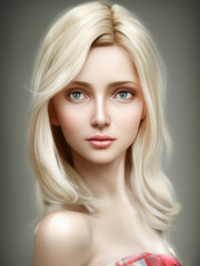 Naklejka premium Portrait of a stunning woman with luscious long hair and a fashionable dress. Her captivating gaze and alluring smile exude confidence and grace, making her a true vision of beauty