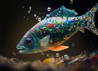 Micro plastics in fish on black background. Concept of marine pollution including e microfibers from clothing, microbeads and plastic pellets. Generative AI.