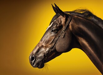 Brown horse face isolated on yellow background