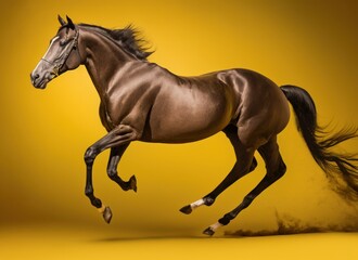 Brown horse isolated on yellow background