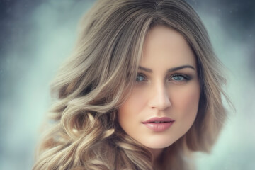 Fototapeta premium Portrait of a stunning woman with luscious long hair and a fashionable dress. Her captivating gaze and alluring smile exude confidence and grace, making her a true vision of beauty