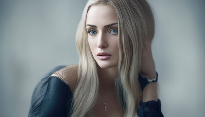 Naklejka premium Portrait of a stunning woman with luscious long hair and a fashionable dress. Her captivating gaze and alluring smile exude confidence and grace, making her a true vision of beauty