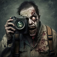 Zombie photographer illustration, holding camera dslr, mirrorless. Passion to photography concept Generative AI