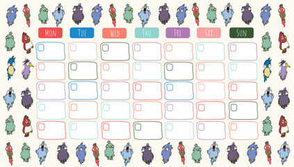 Vector ethnic cartoon hand drawn weekly planner, business and education concept