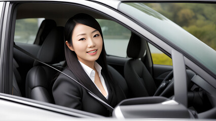 photo of asian woman driving a car, generative art by A.I.