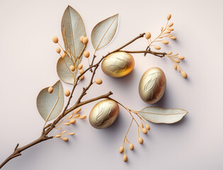 Happy Easter background concept with easter eggs and willow branch on a white background created with Generative AI technology