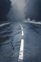 wet asphalt road with the white central reservation in the dark and foggy forest