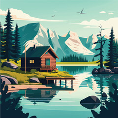Serene Mountain Lake Cabin Amidst Lush Forest and Majestic Peaks: Flat Vector Illustration with Social Media Space