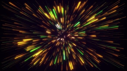 Fototapeta premium Amazing, beautiful and neon lines move endlessly toward the viewer. An explosion of colorful and monochromatic neon parts and their movement toward the camera. Lots of lines flying forward. 2D lines