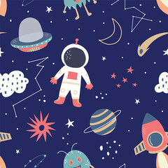 Space Seamless Pattern in childish hand-srawn style. vector seamless pattern with rocket, planets, shooting star,comets, etc.