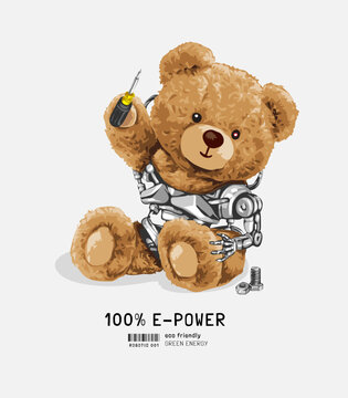 bear doll robot holding screwdriver vector illustration