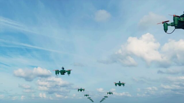 A swarm of military sniper drones, powered by advanced Artificial Intelligence, deployed in a war zone to locate and eliminate enemy targets with precision and speed.