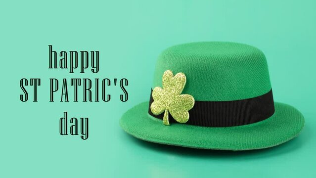 happy st patricks day greeting card, congratulation appears on background of irish green hat with shamrock