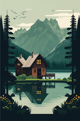 Fototapeta na wymiar Serene Mountain Lake Cabin Amidst Lush Forest and Majestic Peaks: Flat Vector Illustration with Social Media Space