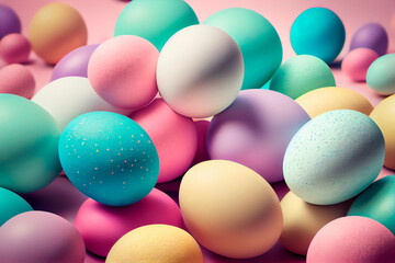 colorful easter eggs, pink pastel background, Ai generative